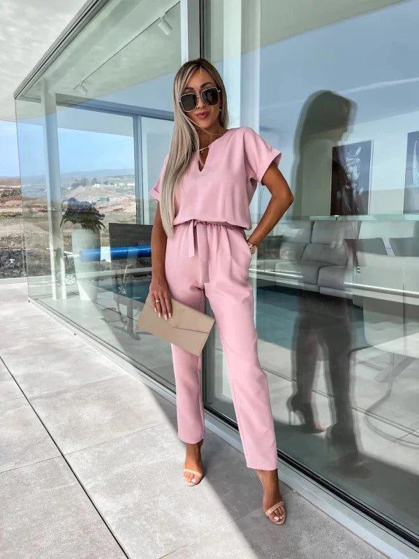 Women's Summer Jumpsuit Solid Color Short Sleeve V-neck Pocket Lace-up Pencil Long Pants - The Eggy's store