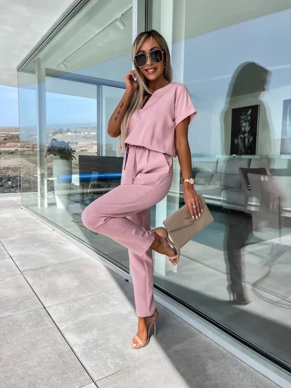 Women's Summer Jumpsuit Solid Color Short Sleeve V-neck Pocket Lace-up Pencil Long Pants - The Eggy's store