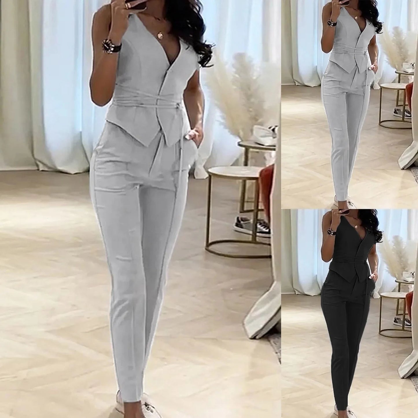 Elegant Pantsuit Set 2 Piece Solid V-Collar Top and Trousers for Women's Fashion Streetwear Summer Outfit - The Eggy's store