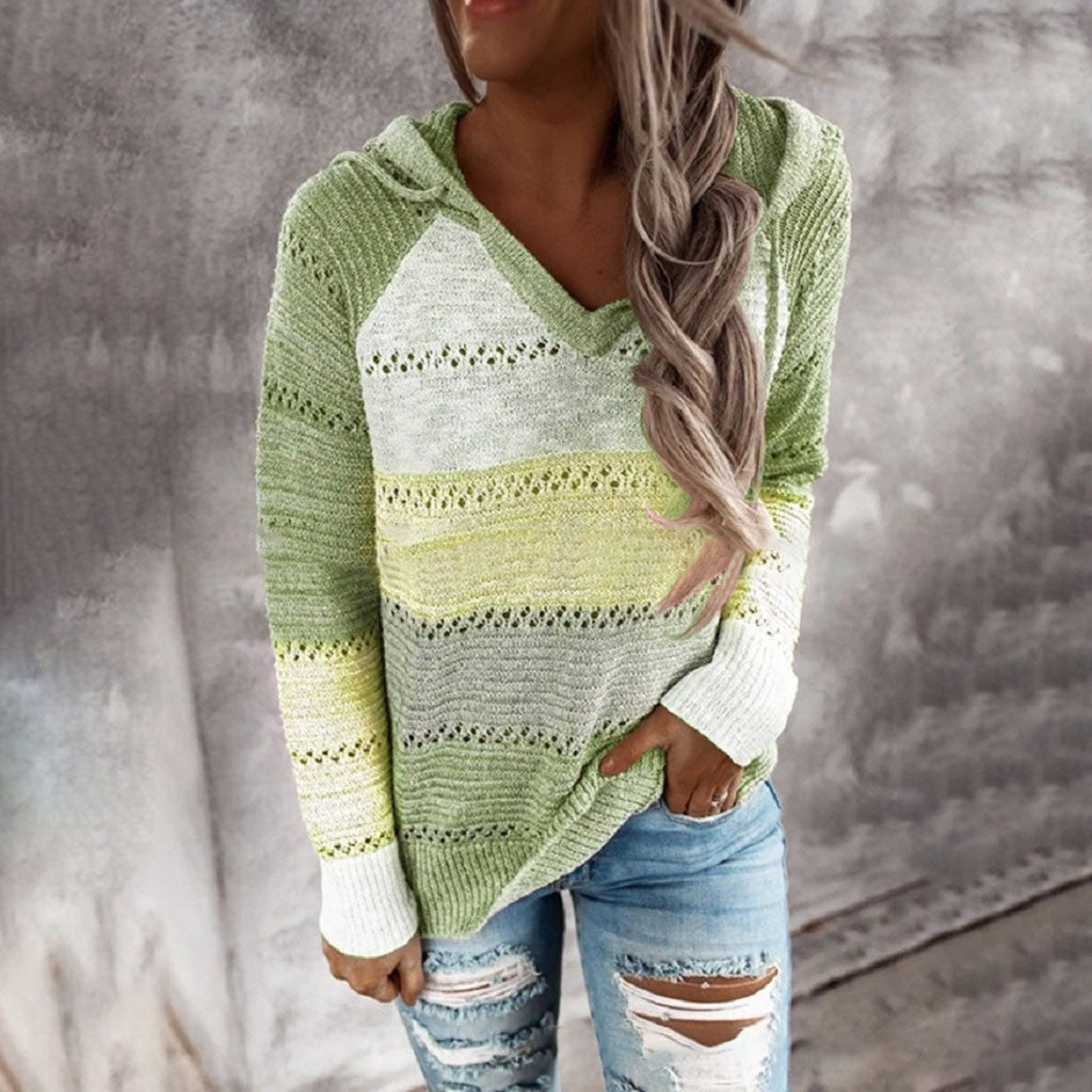 Plus Size 5XL Autumn Winter Women's Pullover Fashion Patchwork Long Sleeve Knit Sweater Tops Women Crochet Hollow Hooded Sweater - The Eggy's store