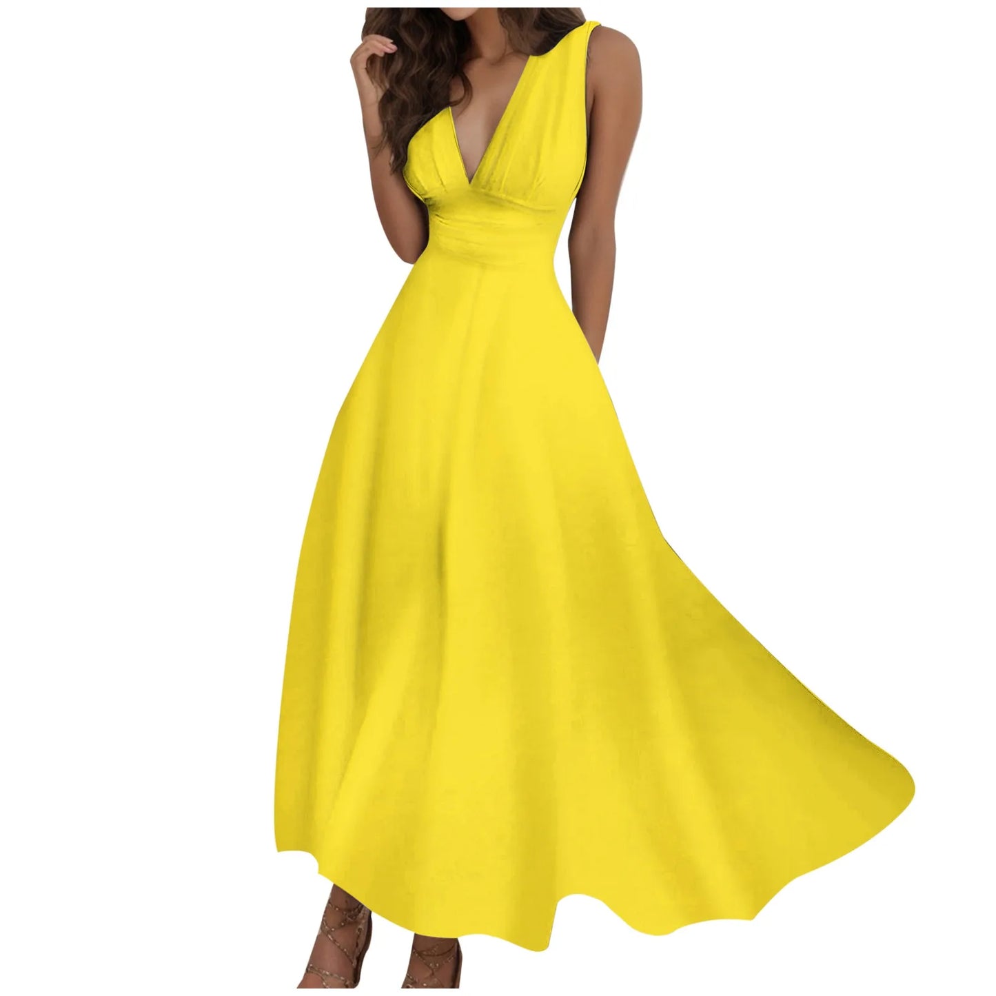 Women's Casual Sundress Solid Color Sleeveless V Neck Side Zipper Long Dress Elegant Sundress - The Eggy's store