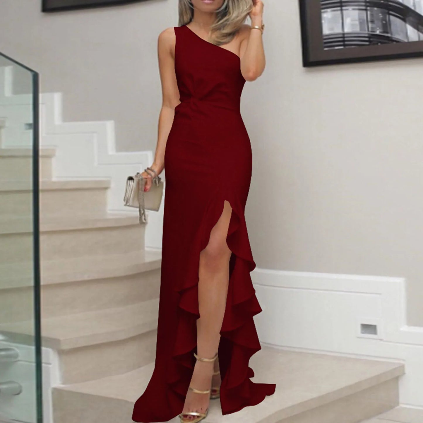 Ladies Sexy Slash Neck Ruched Evening Dresses Women Irregular Ruffles Formal Dress Slim Bodycon Solid Prom Dresses Evening Party - The Eggy's store