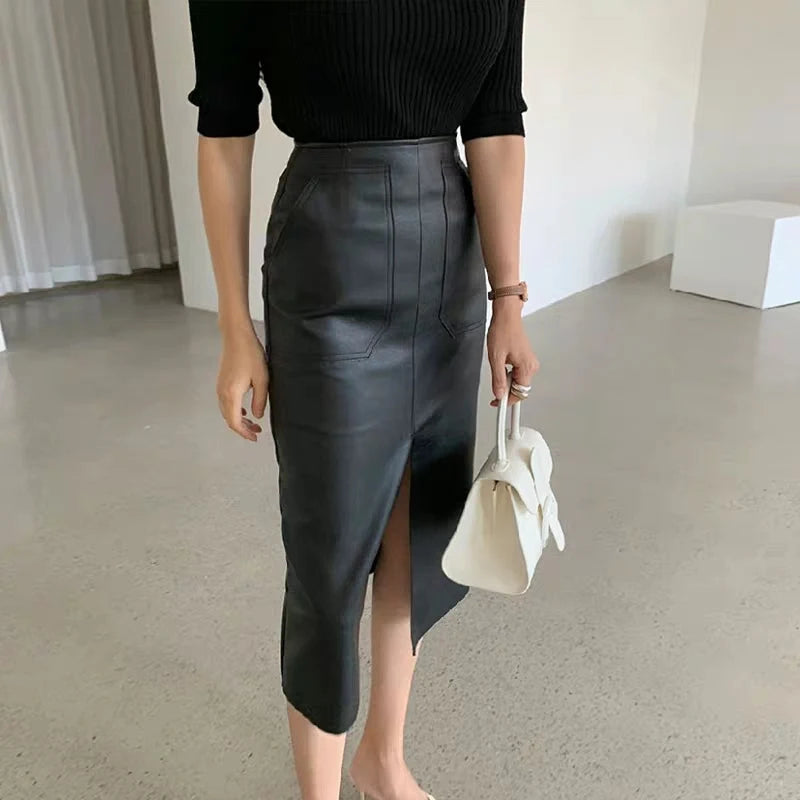 Slim Straight Faux Leather Skirt Women Chic Split Design Fashion - The Eggy's store