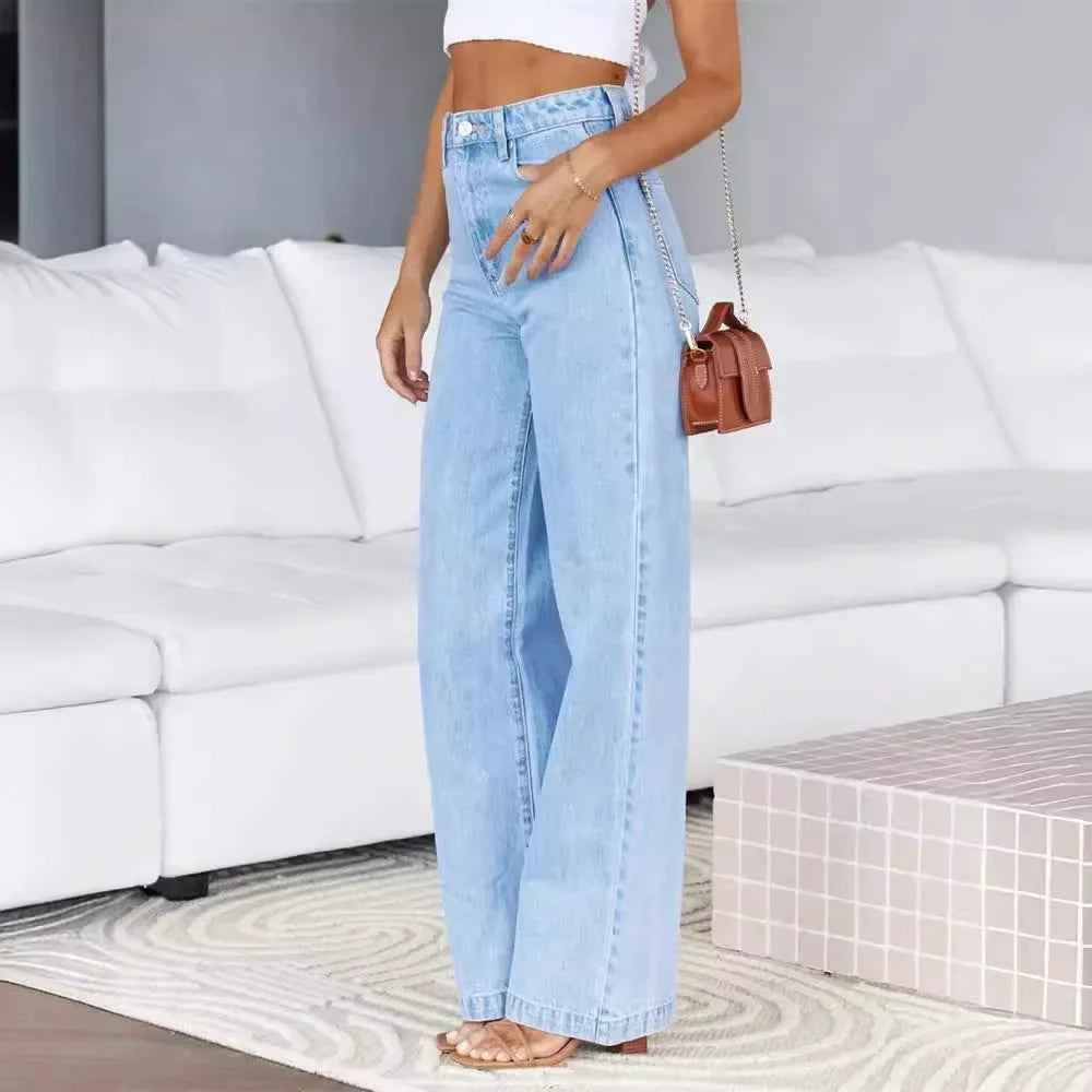 Women Jeans Straight Pants Denim Washing High Waist Loose Fit Pockets Button Basics Wide Leg Trousers Solid Color 2024 Casual