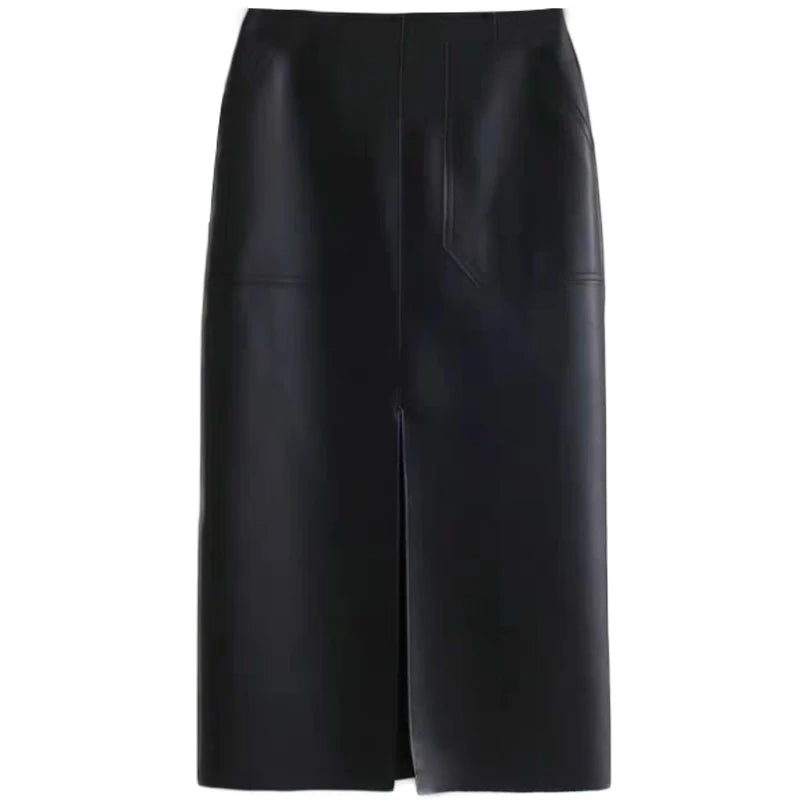 Slim Straight Faux Leather Skirt Women Chic Split Design Fashion - The Eggy's store