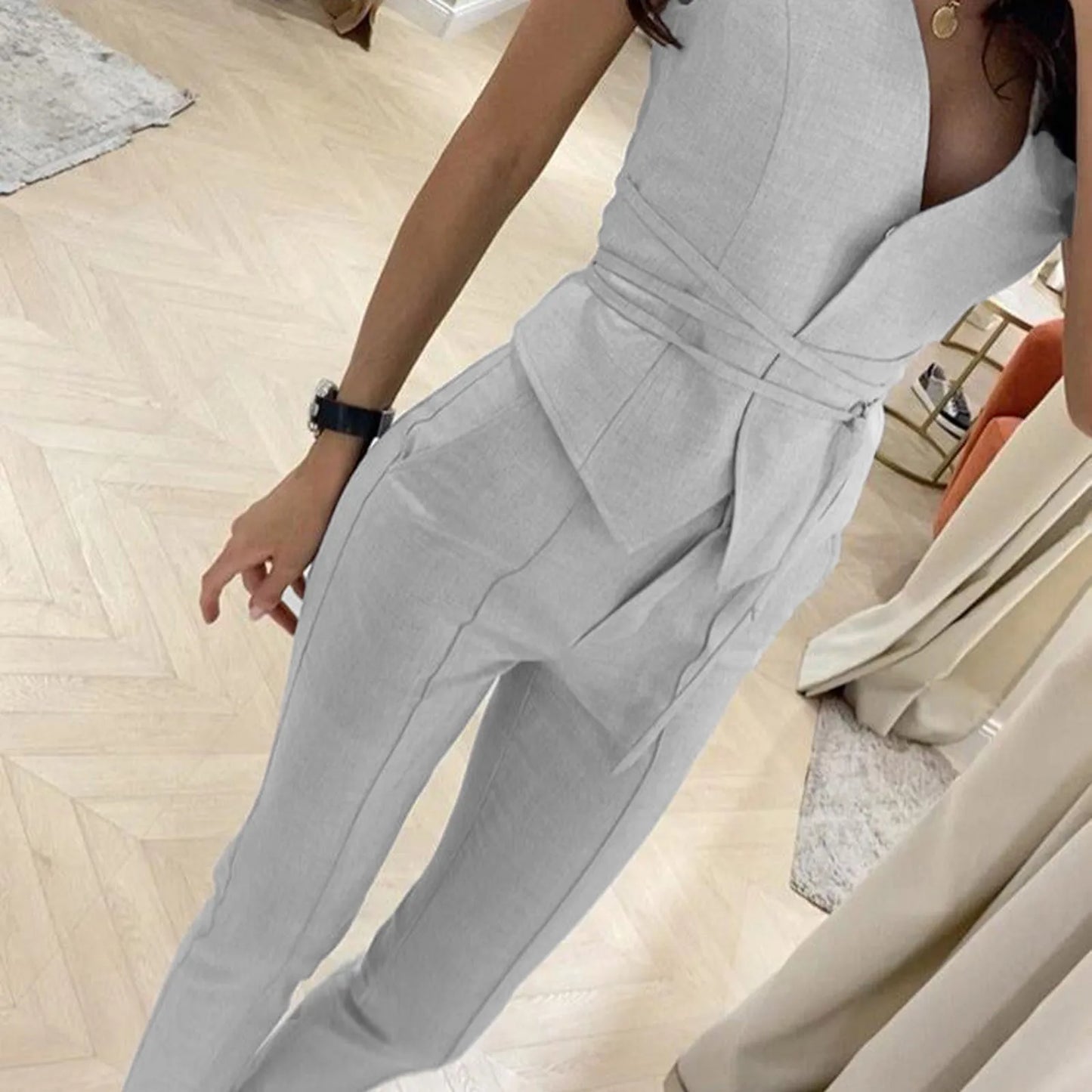 Elegant Pantsuit Set 2 Piece Solid V-Collar Top and Trousers for Women's Fashion Streetwear Summer Outfit - The Eggy's store