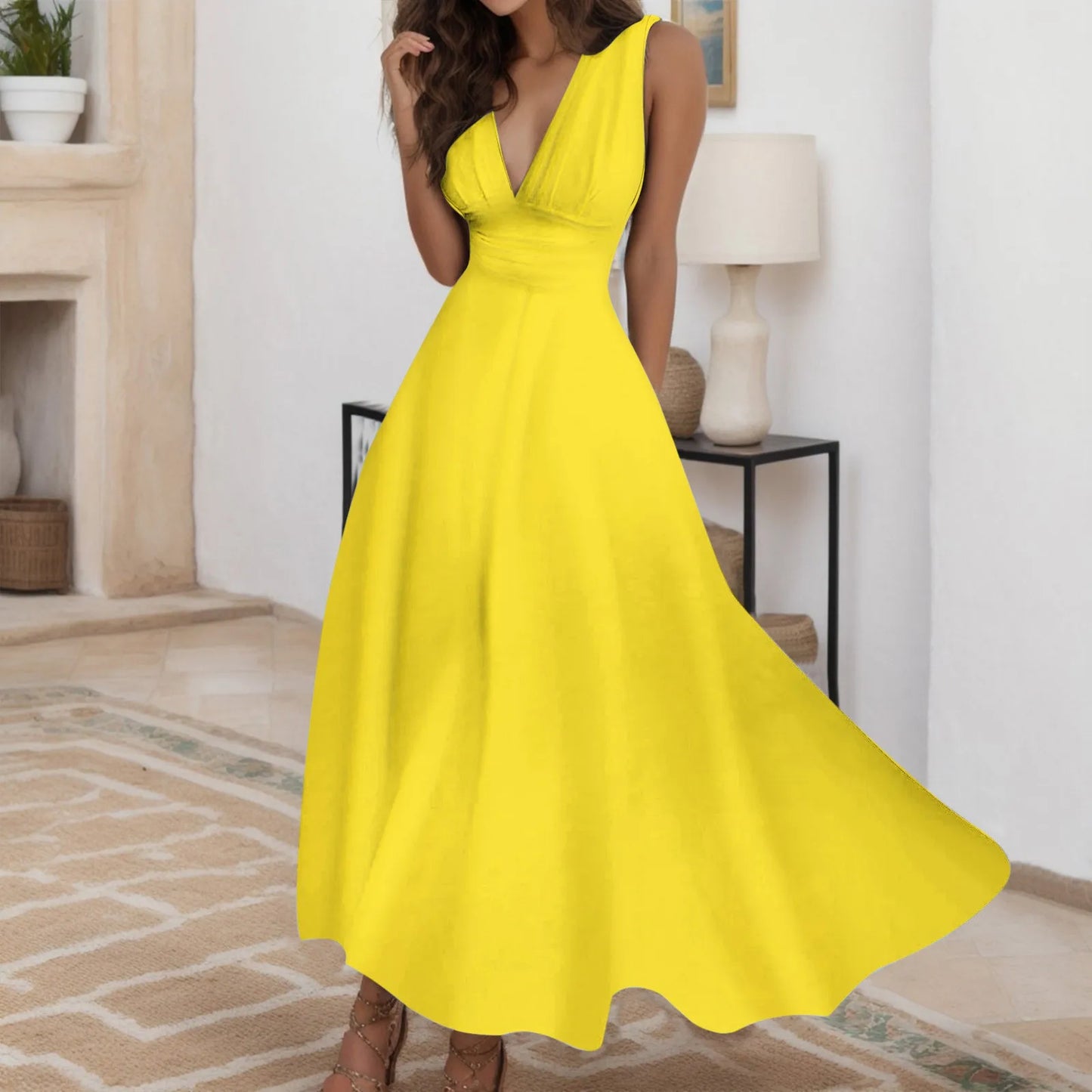 Women's Casual Sundress Solid Color Sleeveless V Neck Side Zipper Long Dress Elegant Sundress - The Eggy's store