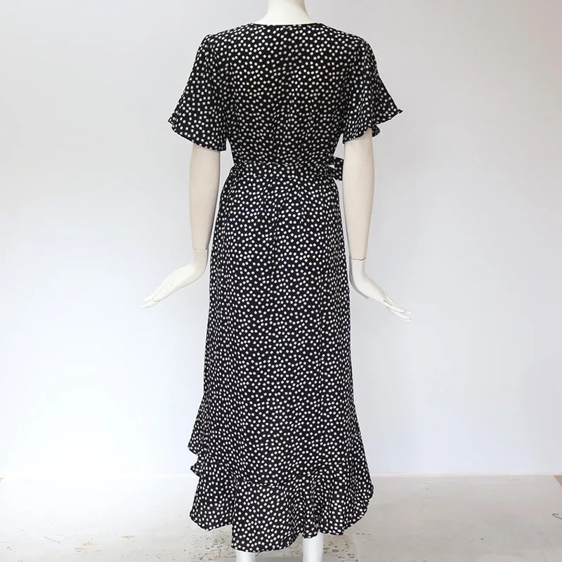 Summer Beach Maxi Dress Women Floral Print Boho Long Chiffon Ruffles Wrap Casual V-Neck Split Sexy Party Robe Femme - The Eggy's store