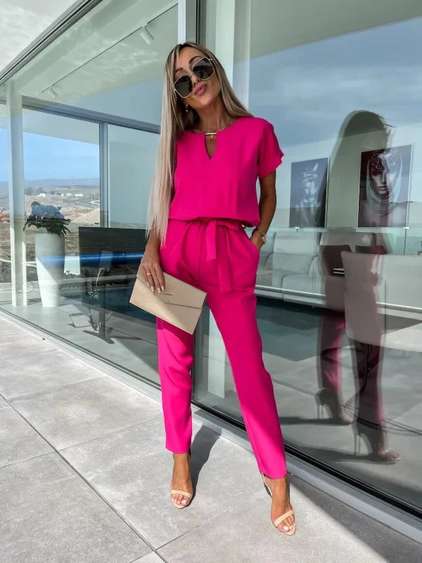 Women's Summer Jumpsuit Solid Color Short Sleeve V-neck Pocket Lace-up Pencil Long Pants - The Eggy's store