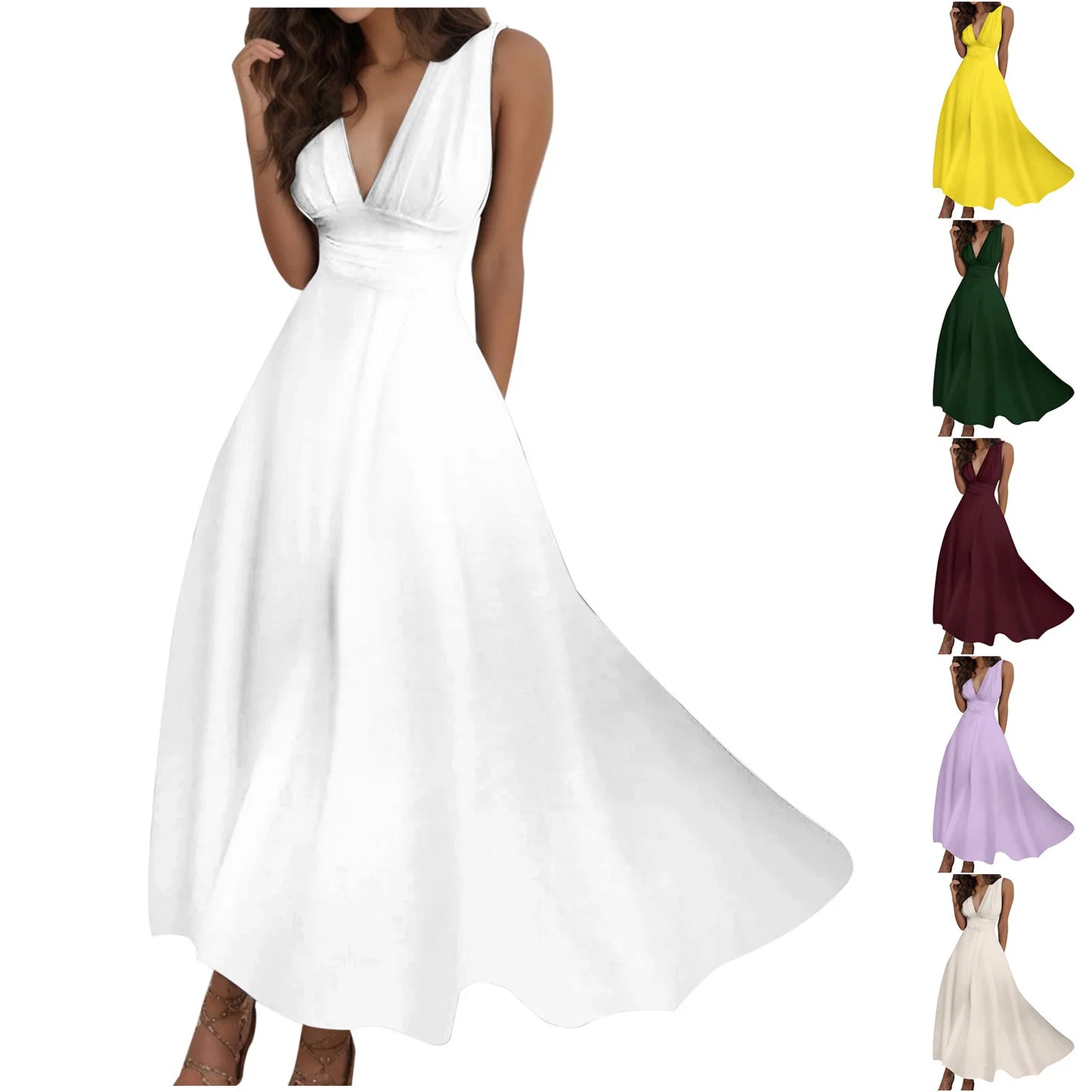 Women's Casual Sundress Solid Color Sleeveless V Neck Side Zipper Long Dress Elegant Sundress - The Eggy's store