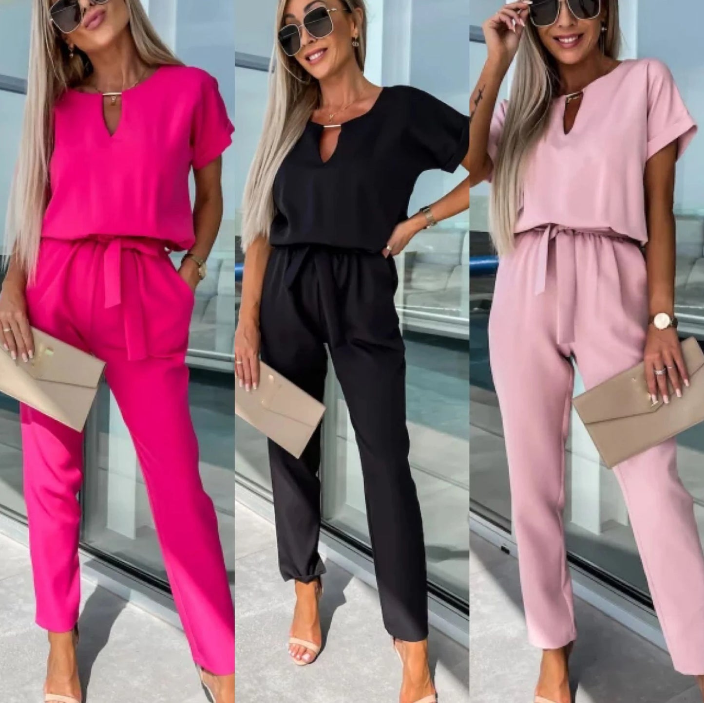 Women's Summer Jumpsuit Solid Color Short Sleeve V-neck Pocket Lace-up Pencil Long Pants - The Eggy's store