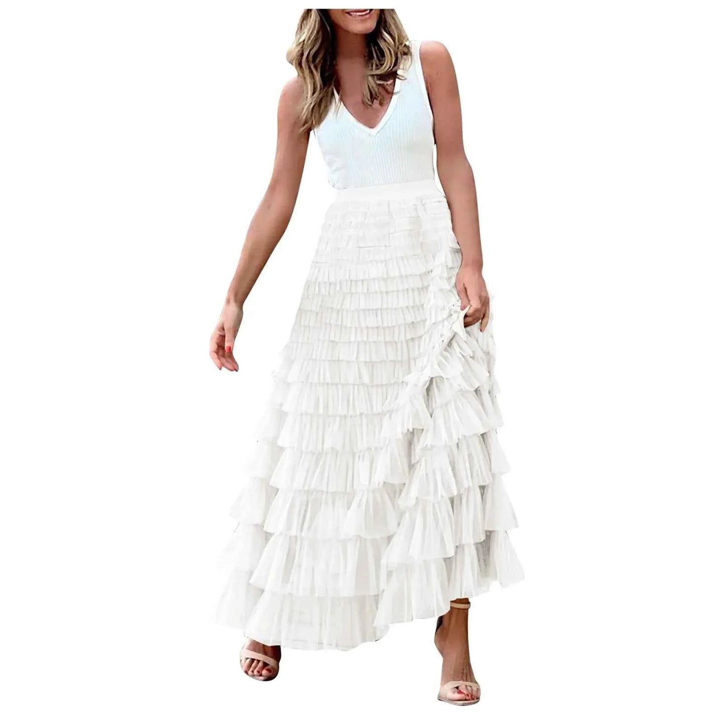 Summer Long Skirt Layered Ruffles Design Elegant Maxi Skirt Women High Street Office Lady Skirts Evening Part A-Line Skirts