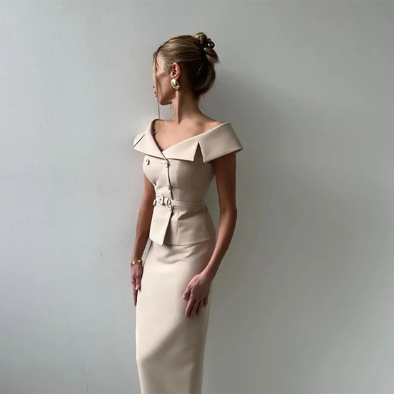 Elegant Midi Skirt Suit Women Double-Breasted Slim Top Belt Hip Package Skirt 2 Piece Outfits - The Eggy's store