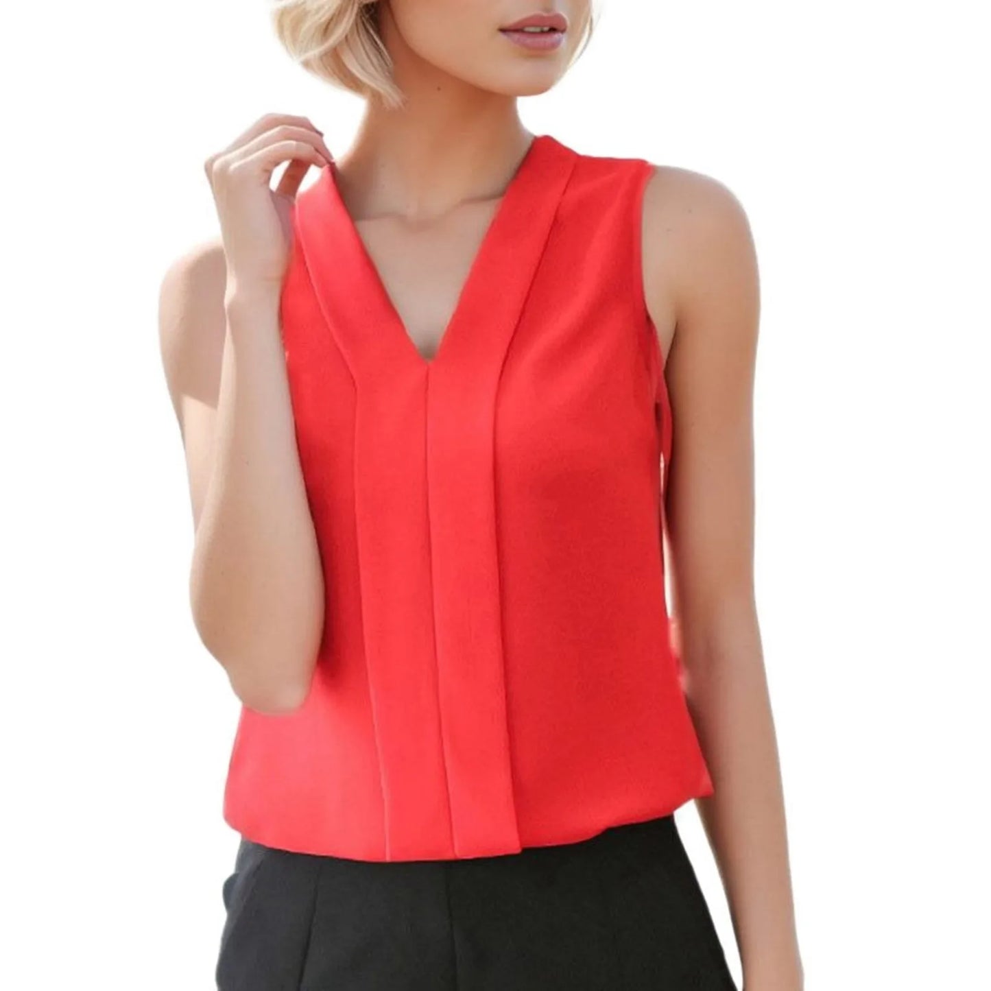 Women'S Blouse Satin Top Elegant V Neck Office Shirts Sleeveless Wear Chiffon Brief Casual Work Suit - The Eggy's store