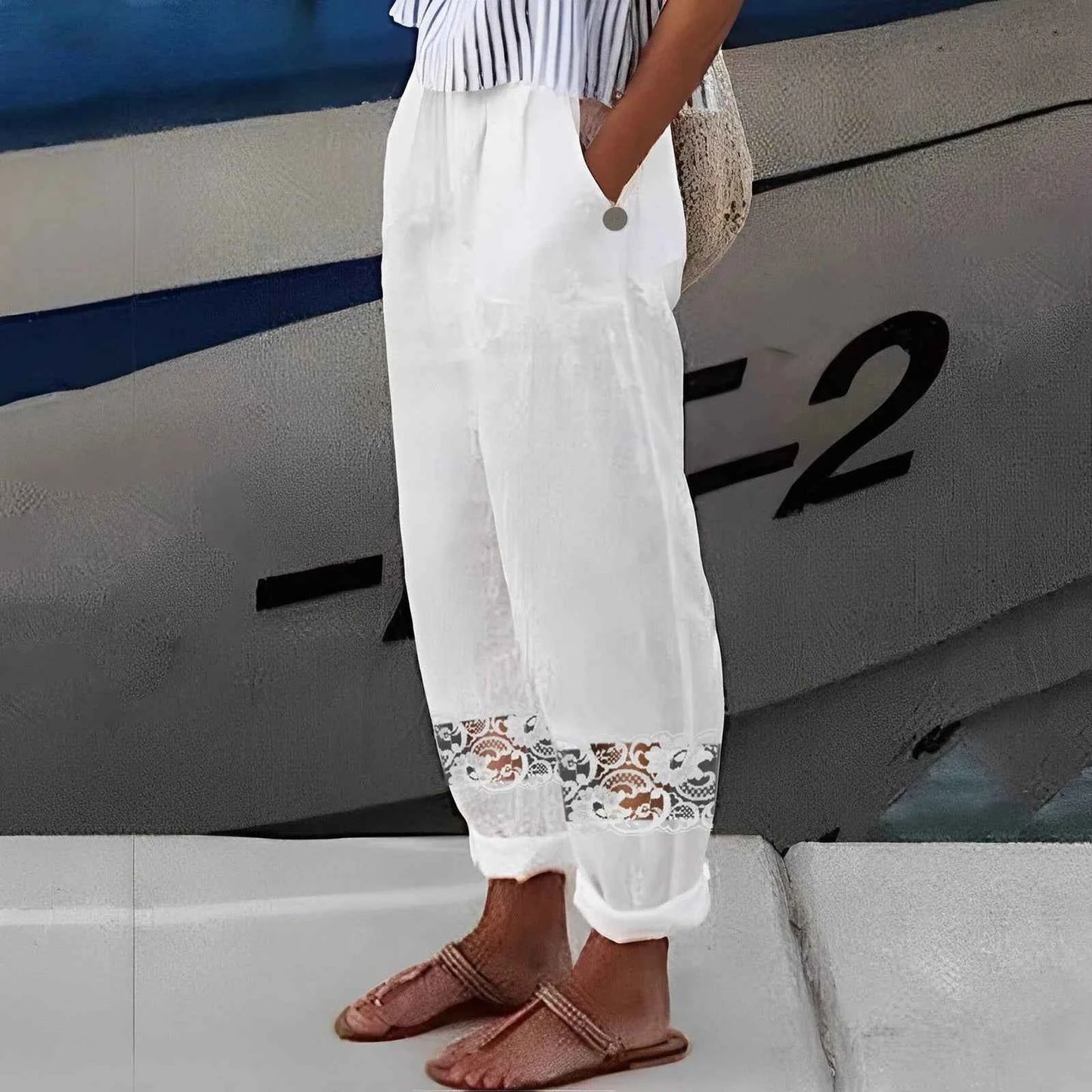 Cargo Pants Streetwear Women Loose Lace Cotton Solid Cropped Elastic Waist Trousers Women's Casual Pants