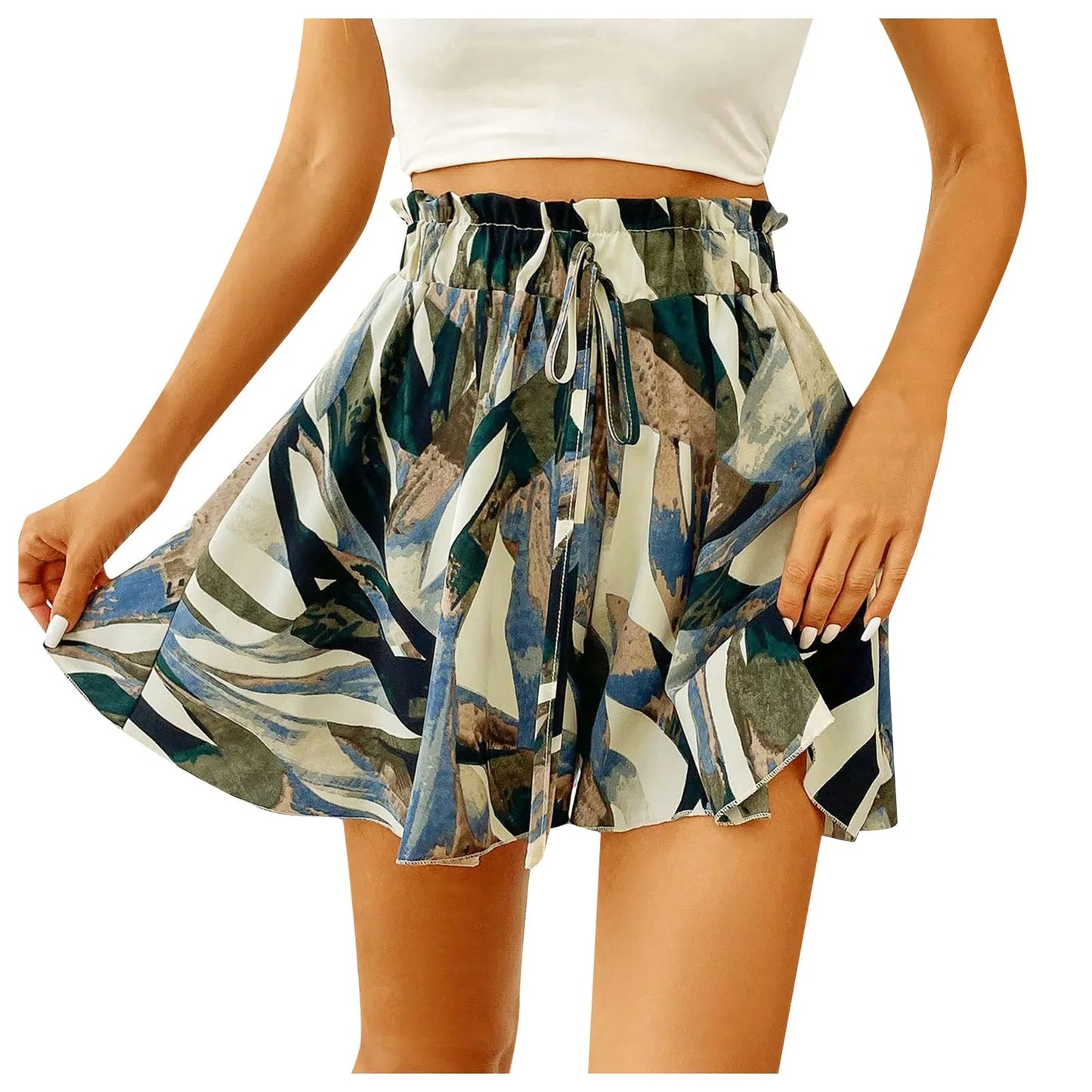 Women's Floral Print Bohemian Shorts with Elastic Waist, Loose Wide Leg, Ruffle Hem - The Eggy's store