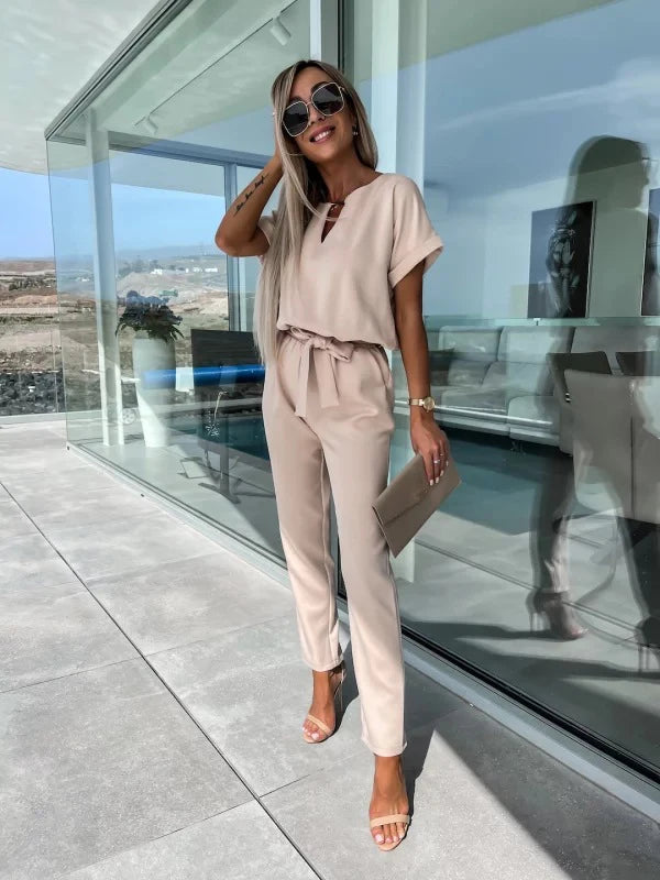 Women's Summer Jumpsuit Solid Color Short Sleeve V-neck Pocket Lace-up Pencil Long Pants - The Eggy's store