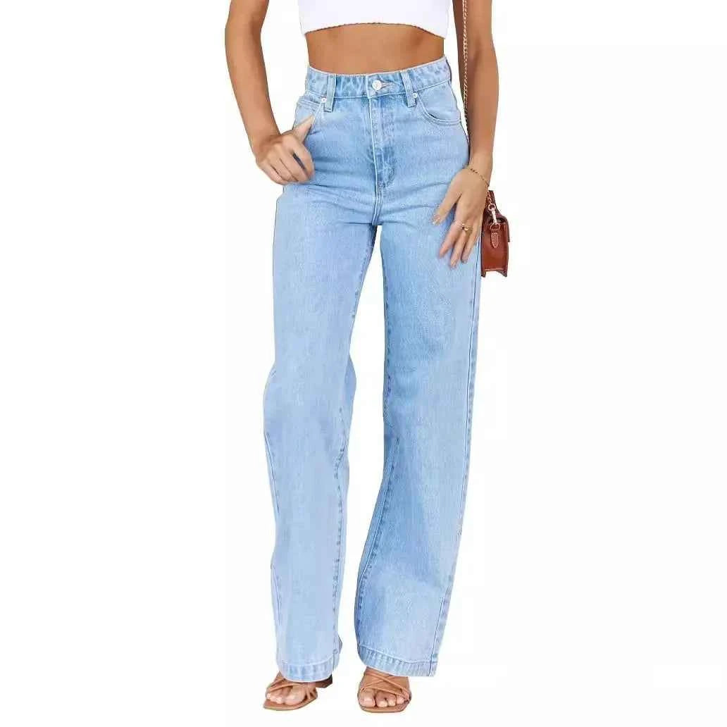 Women Jeans Straight Pants Denim Washing High Waist Loose Fit Pockets Button Basics Wide Leg Trousers Solid Color 2024 Casual