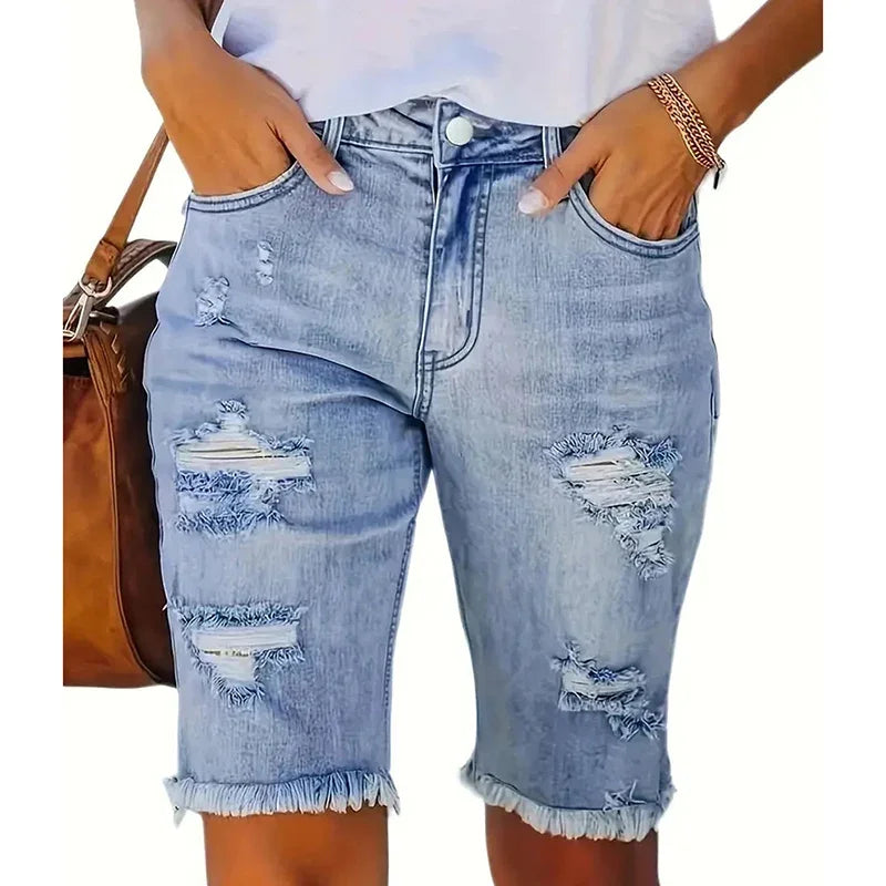 Women Chic Slim Fit Thin Shorts Lady Ripped Designer High Waist Denim Shorts