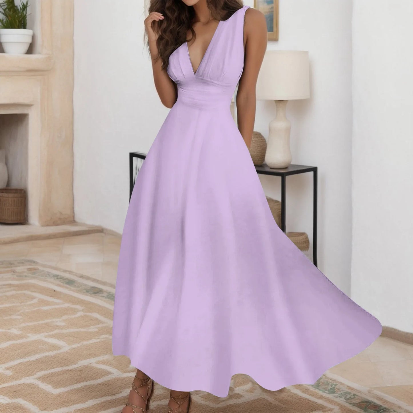 Women's Casual Sundress Solid Color Sleeveless V Neck Side Zipper Long Dress Elegant Sundress - The Eggy's store