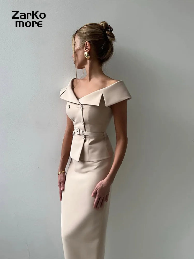 Elegant Midi Skirt Suit Women Double-Breasted Slim Top Belt Hip Package Skirt 2 Piece Outfits - The Eggy's store