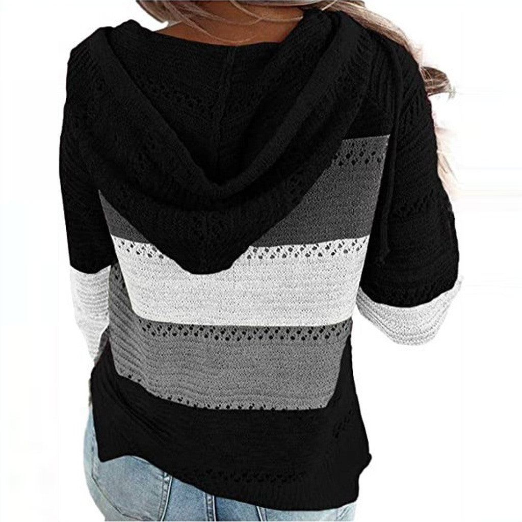 Plus Size 5XL Autumn Winter Women's Pullover Fashion Patchwork Long Sleeve Knit Sweater Tops Women Crochet Hollow Hooded Sweater - The Eggy's store