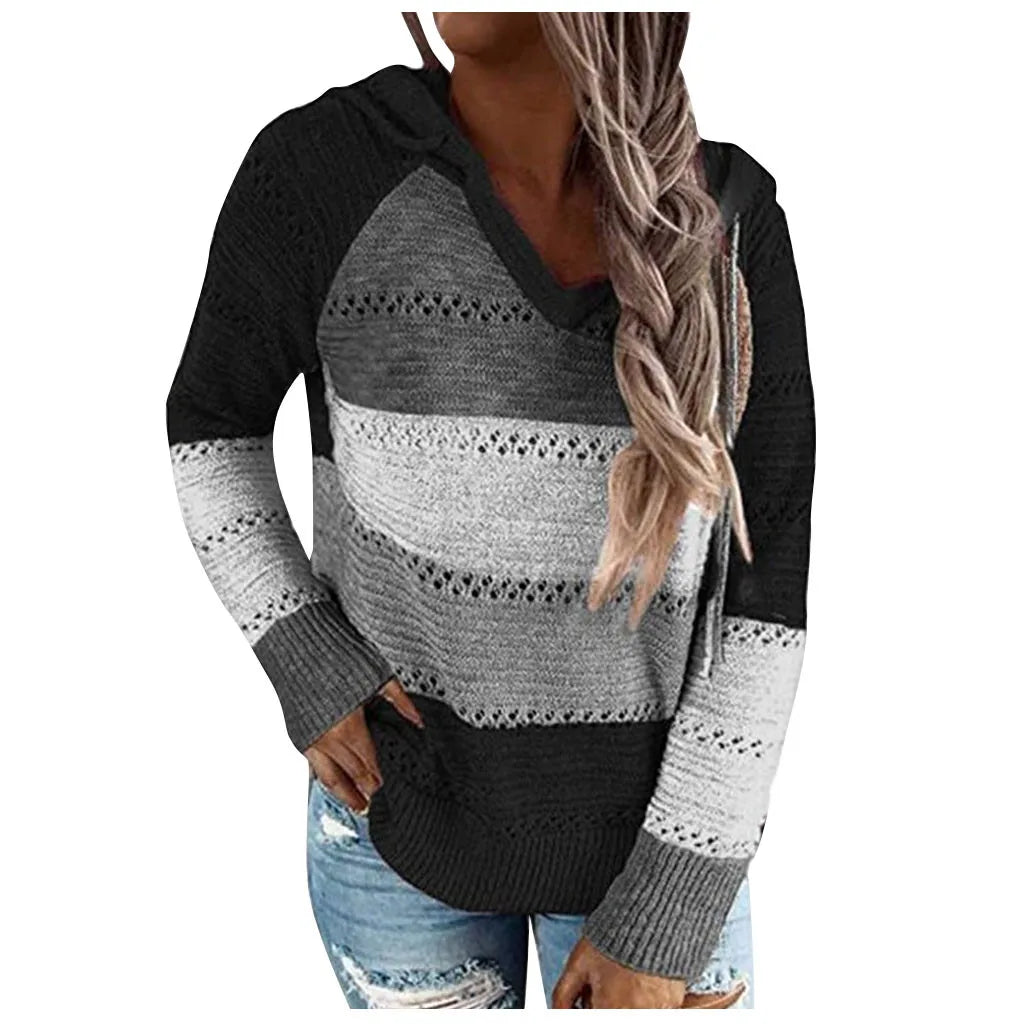 Plus Size 5XL Autumn Winter Women's Pullover Fashion Patchwork Long Sleeve Knit Sweater Tops Women Crochet Hollow Hooded Sweater - The Eggy's store
