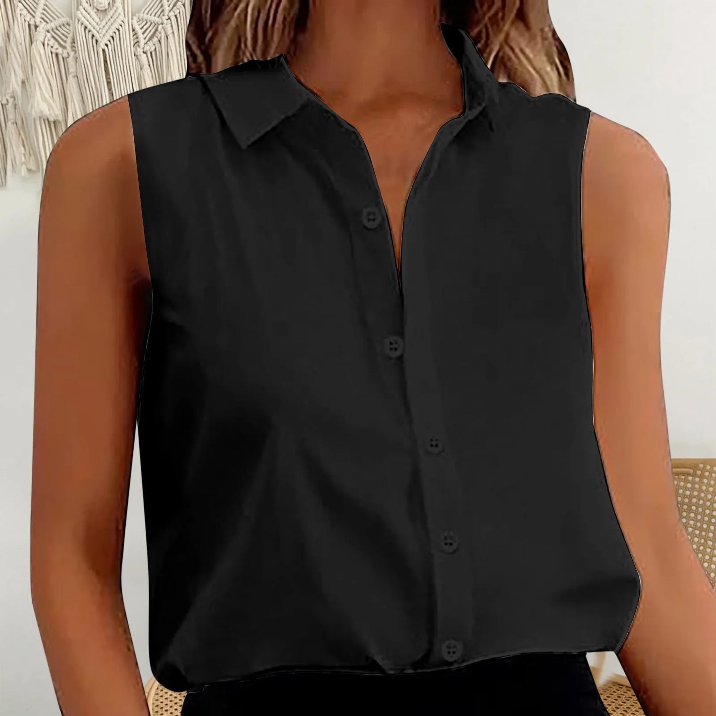 Women's Sleeveless Blouse Button Down Solid Color Casual Loose V Neck Chiffon Top for Work - The Eggy's store