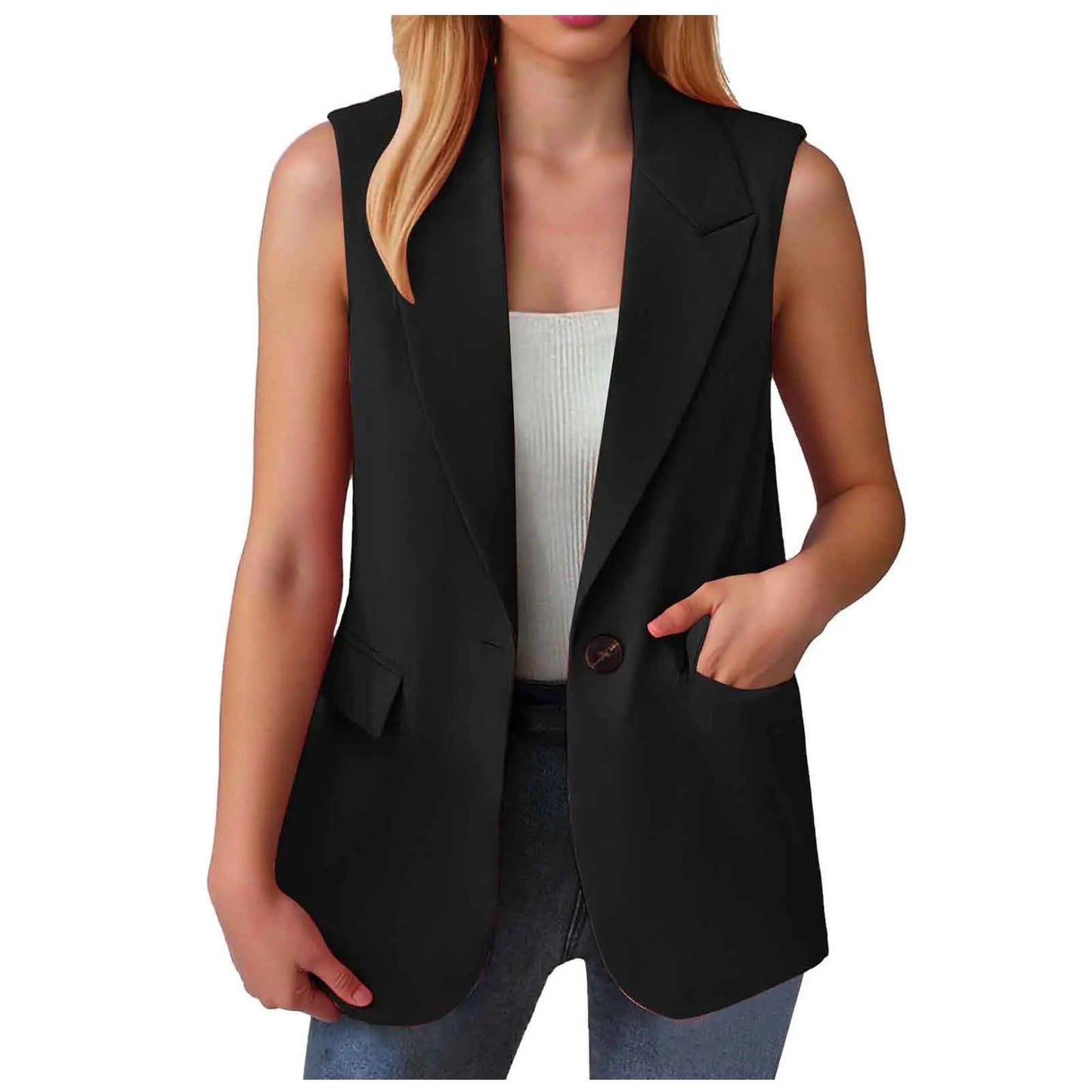 Sleeveless Single Button Slim Fit Blazer Vest