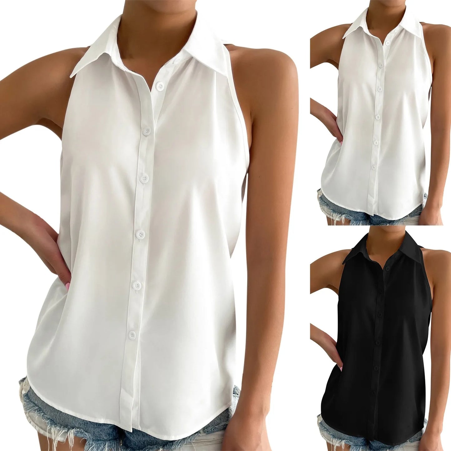 Women's Sleeveless Blouse Button Down Solid Color Casual Loose V Neck Chiffon Top for Work - The Eggy's store