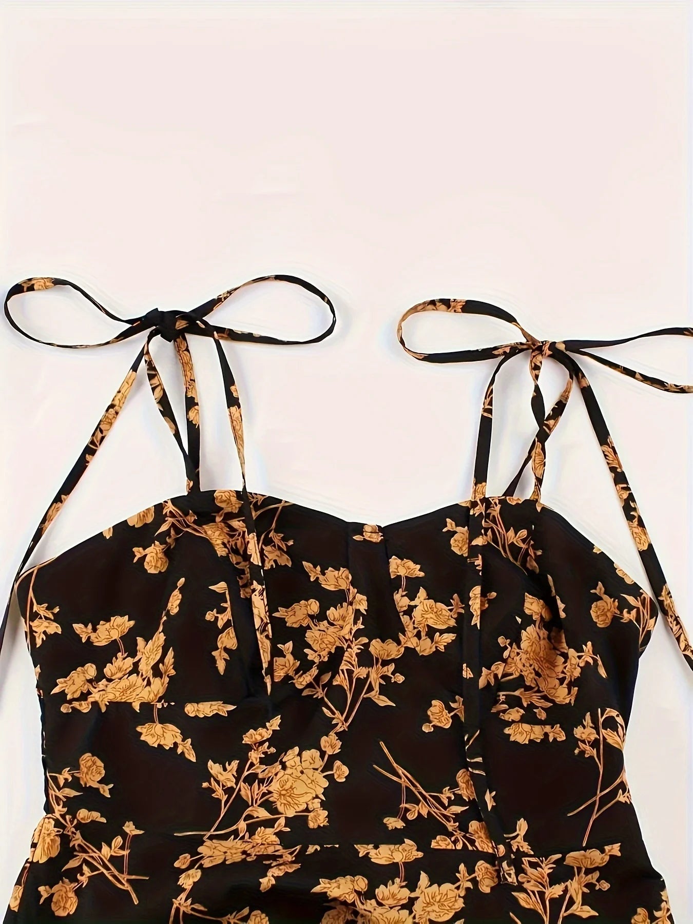 European and American Fashion Flower Print A-Line Dress with Shoulder Ties and Slit - The Eggy's store