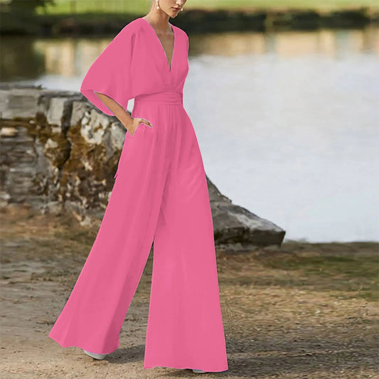 Women's Deep V-Neck Half Sleeve Jumpsuit – Loose Wide Leg One-Piece