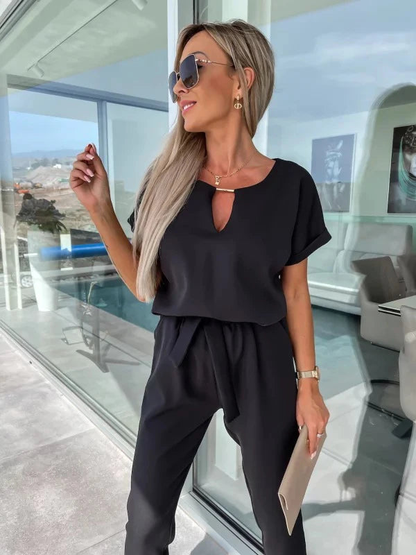 Women's Summer Jumpsuit Solid Color Short Sleeve V-neck Pocket Lace-up Pencil Long Pants - The Eggy's store