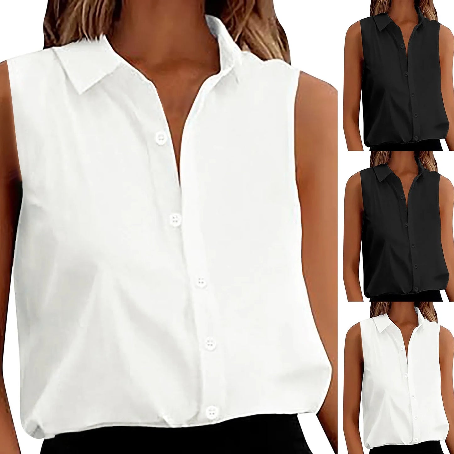 Women's Sleeveless Blouse Button Down Solid Color Casual Loose V Neck Chiffon Top for Work - The Eggy's store