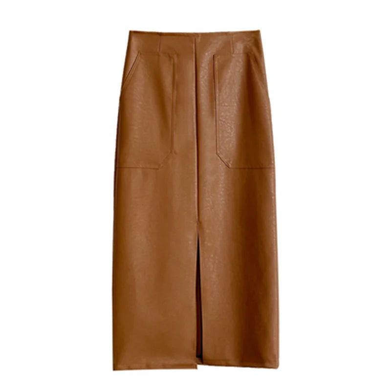 Slim Straight Faux Leather Skirt Women Chic Split Design Fashion - The Eggy's store