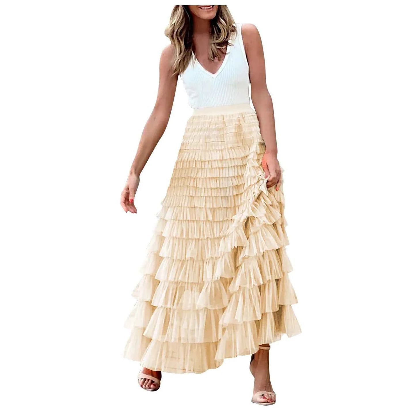 Summer Long Skirt Layered Ruffles Design Elegant Maxi Skirt Women High Street Office Lady Skirts Evening Part A-Line Skirts