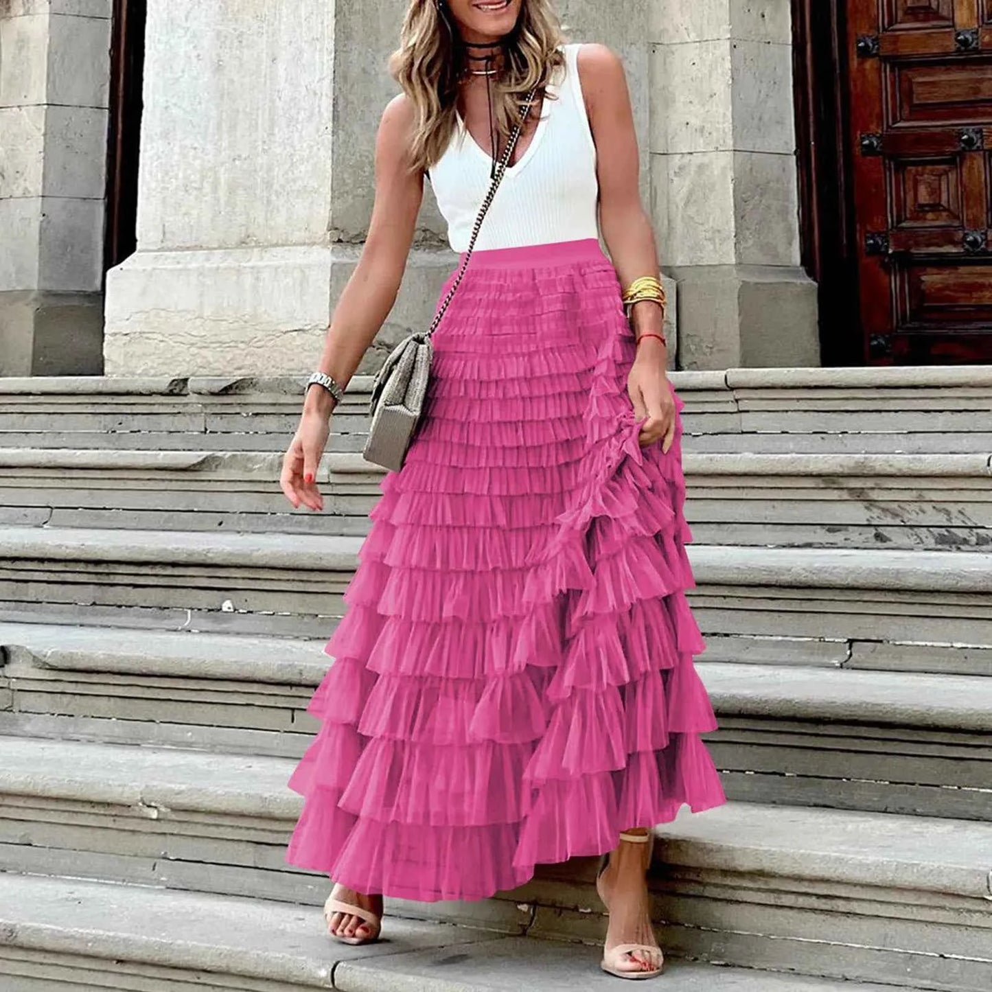 Summer Long Skirt Layered Ruffles Design Elegant Maxi Skirt Women High Street Office Lady Skirts Evening Part A-Line Skirts