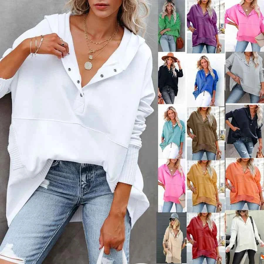 Casual Loose White Women Sweatshirt V-neck Hooded Batwing Sleeve Hoodie Top For Women Pullovers