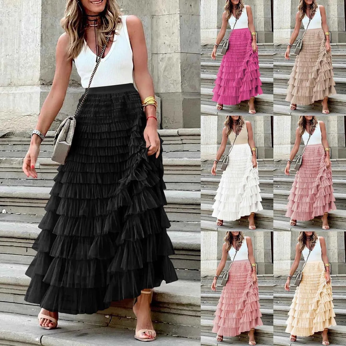 Summer Long Skirt Layered Ruffles Design Elegant Maxi Skirt Women High Street Office Lady Skirts Evening Part A-Line Skirts