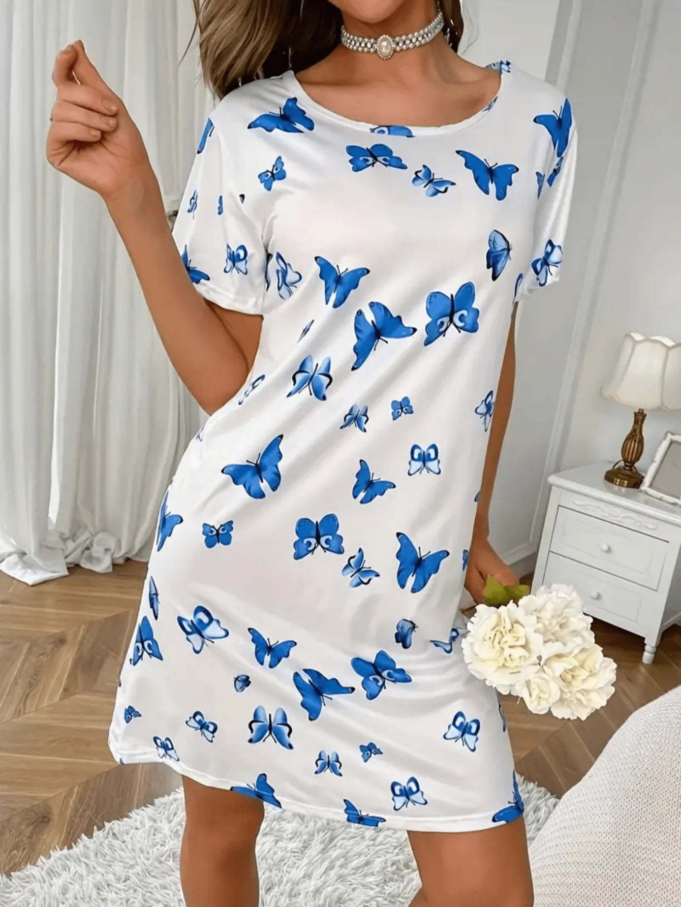 Soft and Casual Butterfly Print Sleepwear Nightgown, Short-Sleeved Loose Women's Loungewear - The Eggy's store