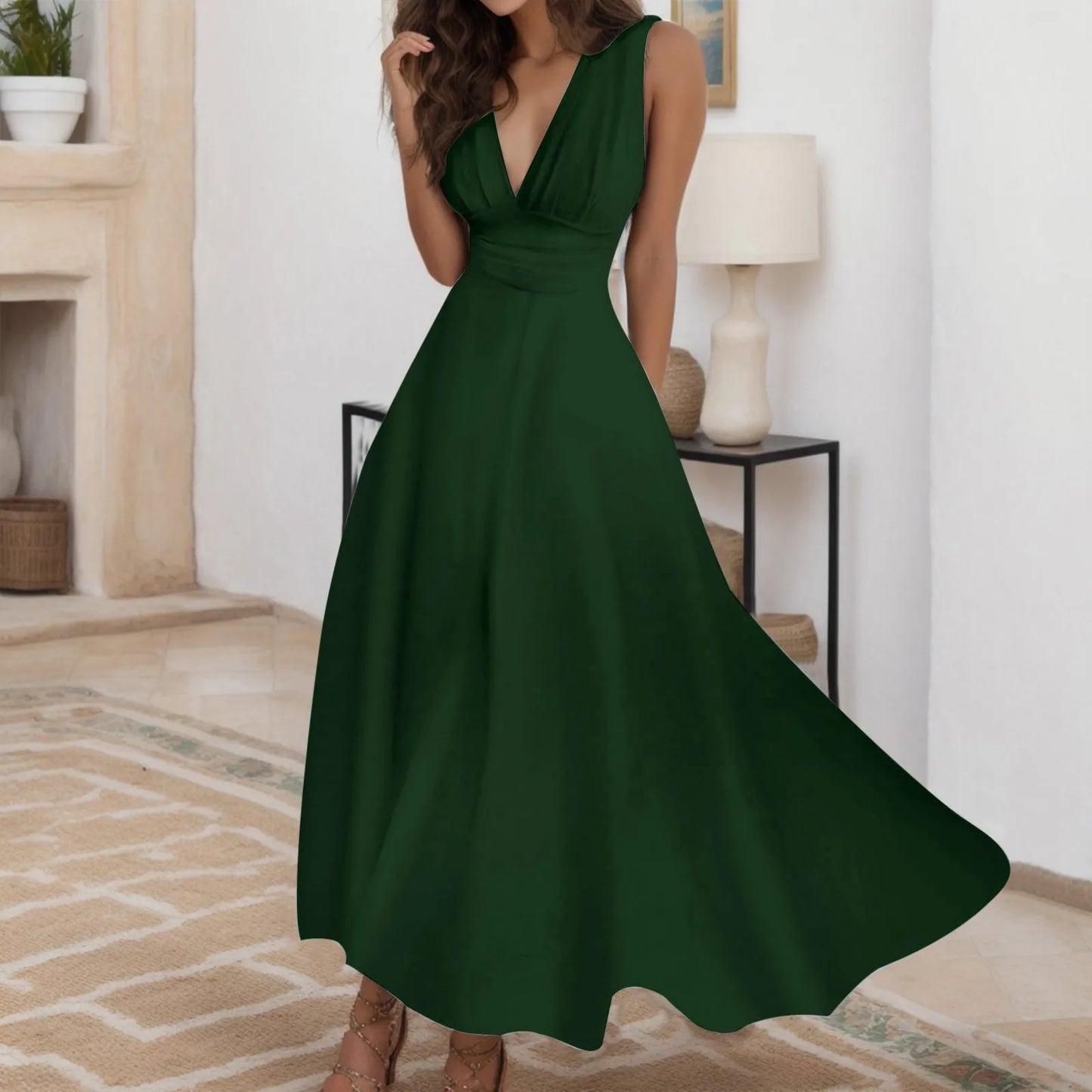 Women's Casual Sundress Solid Color Sleeveless V Neck Side Zipper Long Dress Elegant Sundress - The Eggy's store