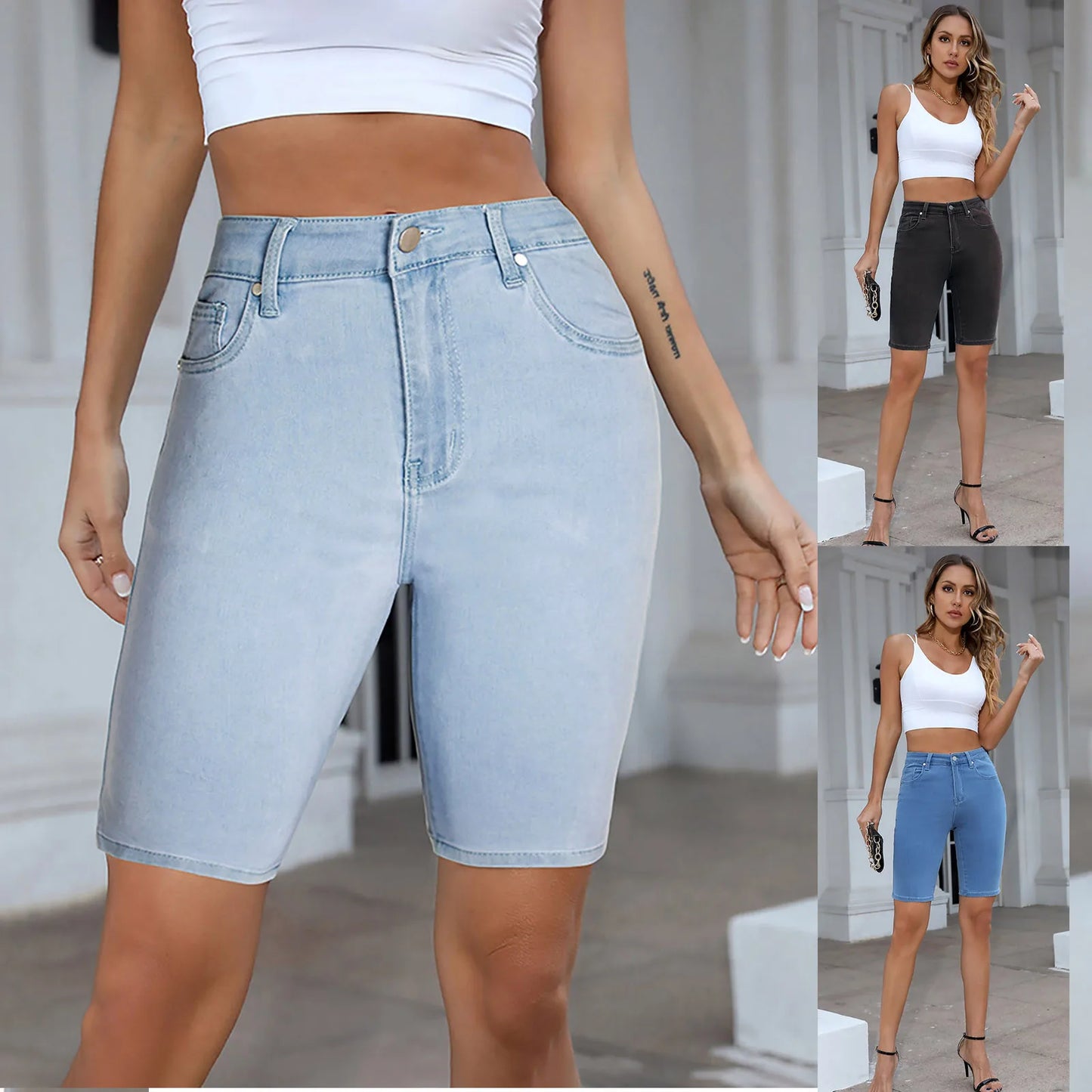 Casual Retro Black High Waist Denim Shorts for Women - Knee-long Summer Shorts - The Eggy's store