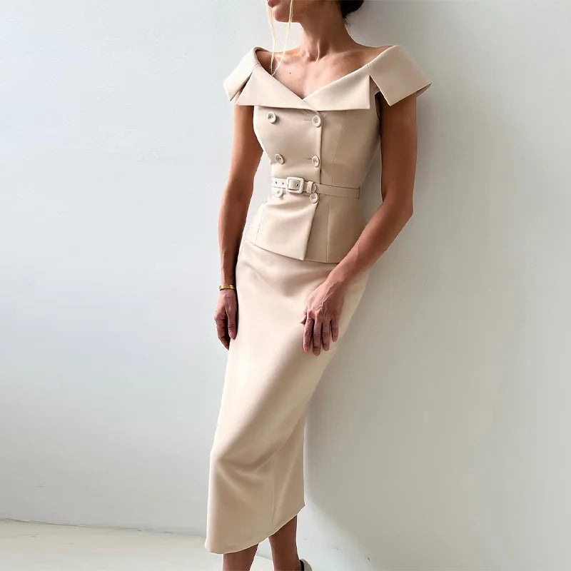 Elegant Midi Skirt Suit Women Double-Breasted Slim Top Belt Hip Package Skirt 2 Piece Outfits - The Eggy's store