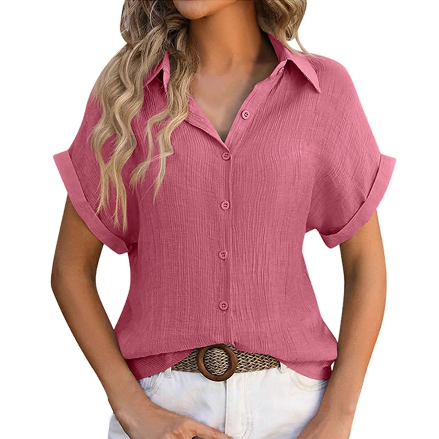 Summer Solid Color Shirts Women Cotton Linen Rolled Up Short Sleeve Slim Fit Tops Mujer Beach Style Leisure Buttons Up Blouse - The Eggy's store