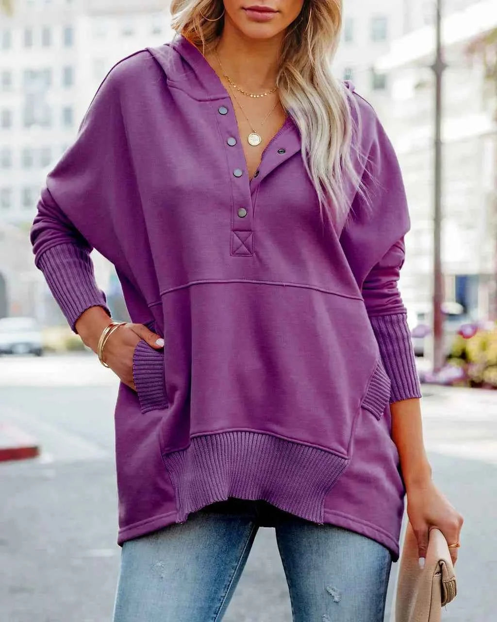 Casual Loose White Women Sweatshirt V-neck Hooded Batwing Sleeve Hoodie Top For Women Pullovers