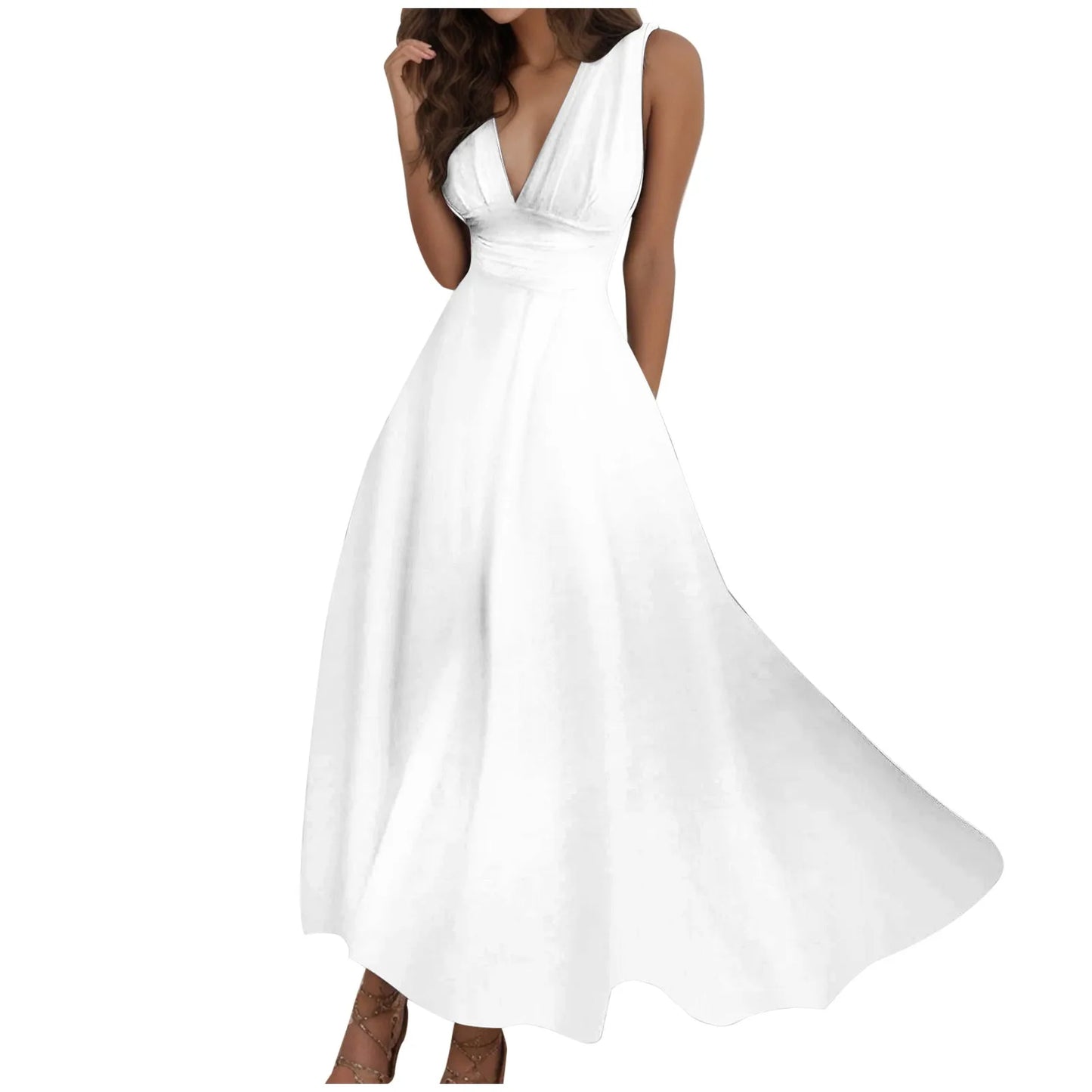 Women's Casual Sundress Solid Color Sleeveless V Neck Side Zipper Long Dress Elegant Sundress - The Eggy's store