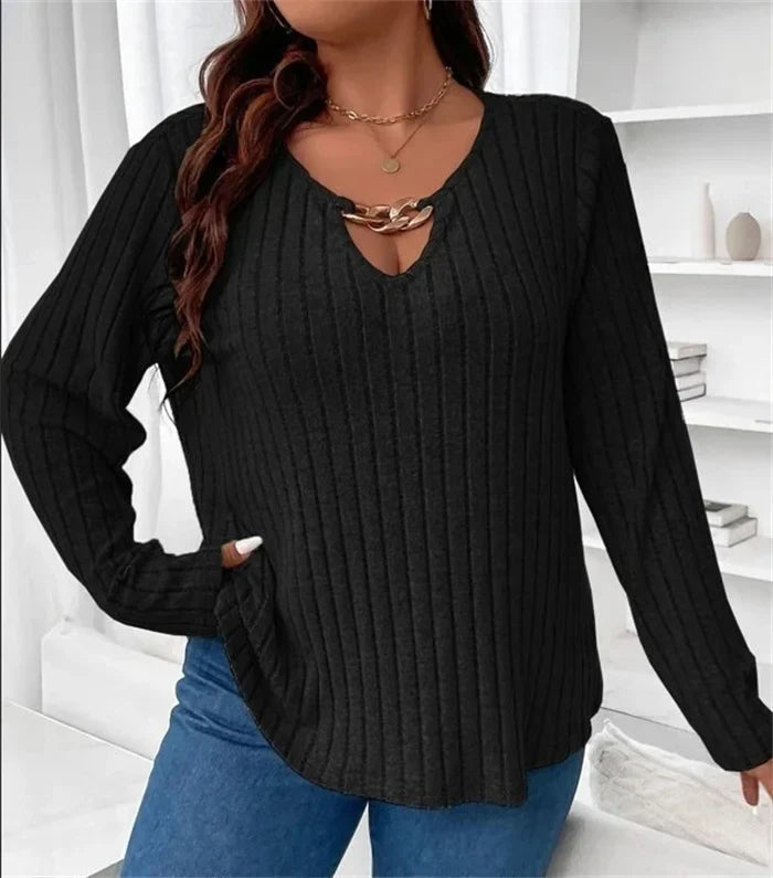 Plus Size V-neck Chain Top: Stylish Long Sleeve