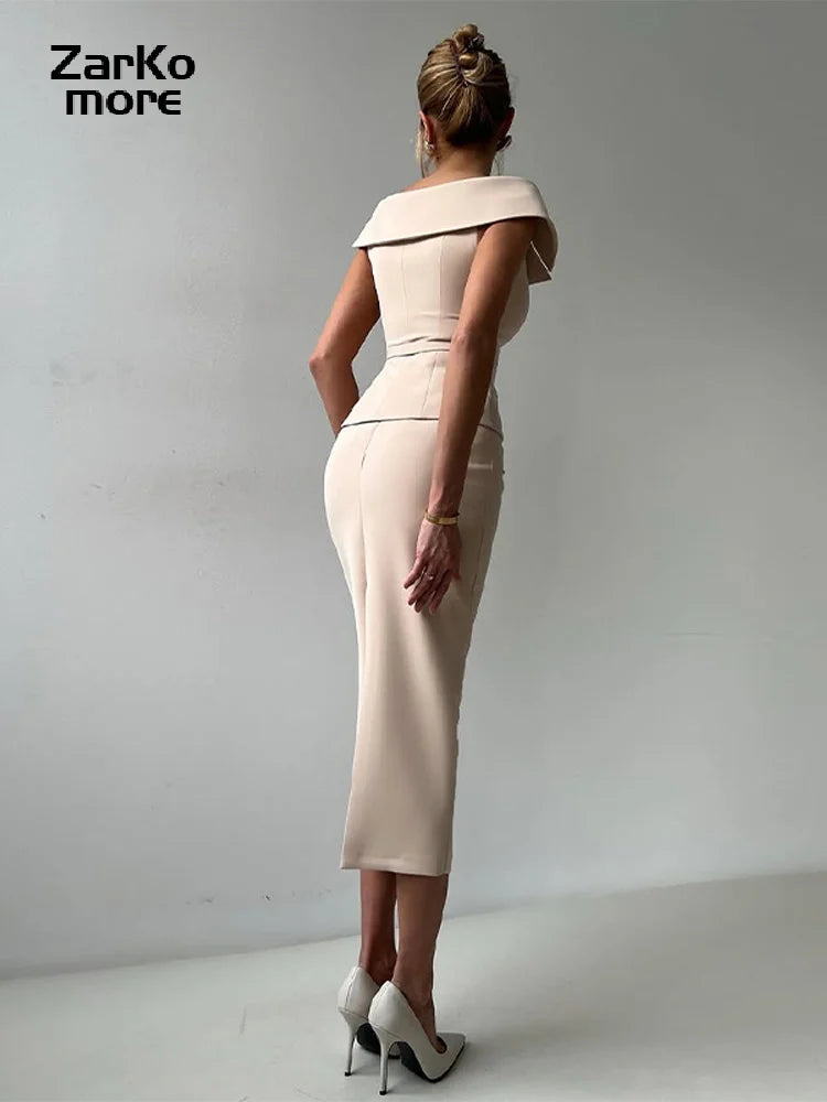 Elegant Midi Skirt Suit Women Double-Breasted Slim Top Belt Hip Package Skirt 2 Piece Outfits - The Eggy's store