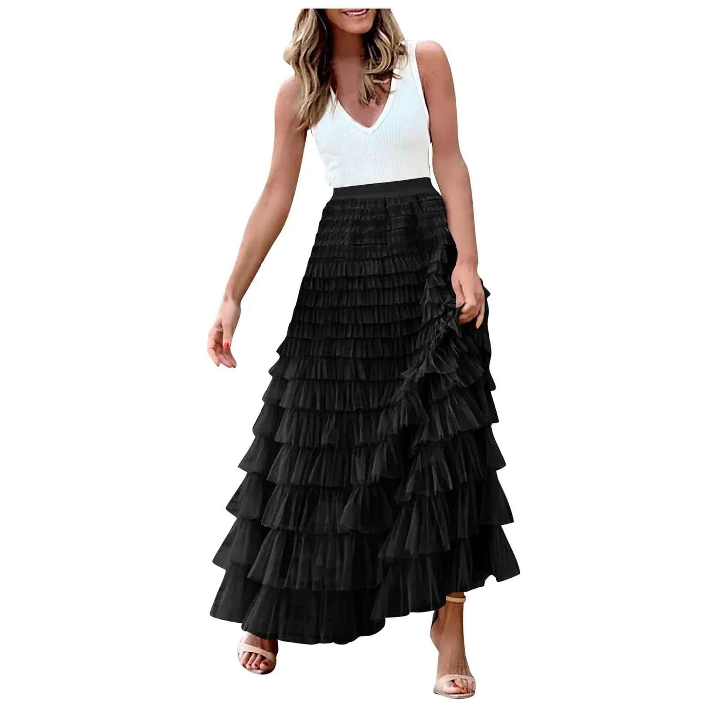 Summer Long Skirt Layered Ruffles Design Elegant Maxi Skirt Women High Street Office Lady Skirts Evening Part A-Line Skirts