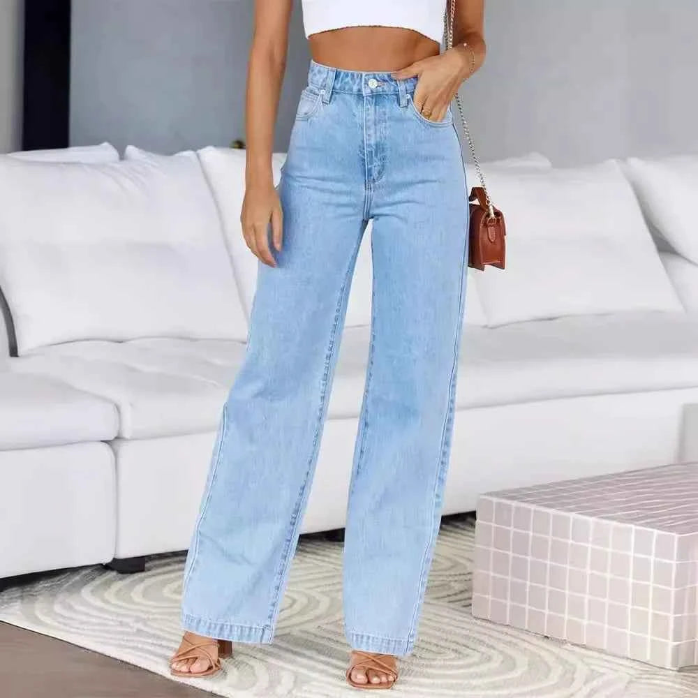 Women Jeans Straight Pants Denim Washing High Waist Loose Fit Pockets Button Basics Wide Leg Trousers Solid Color 2024 Casual